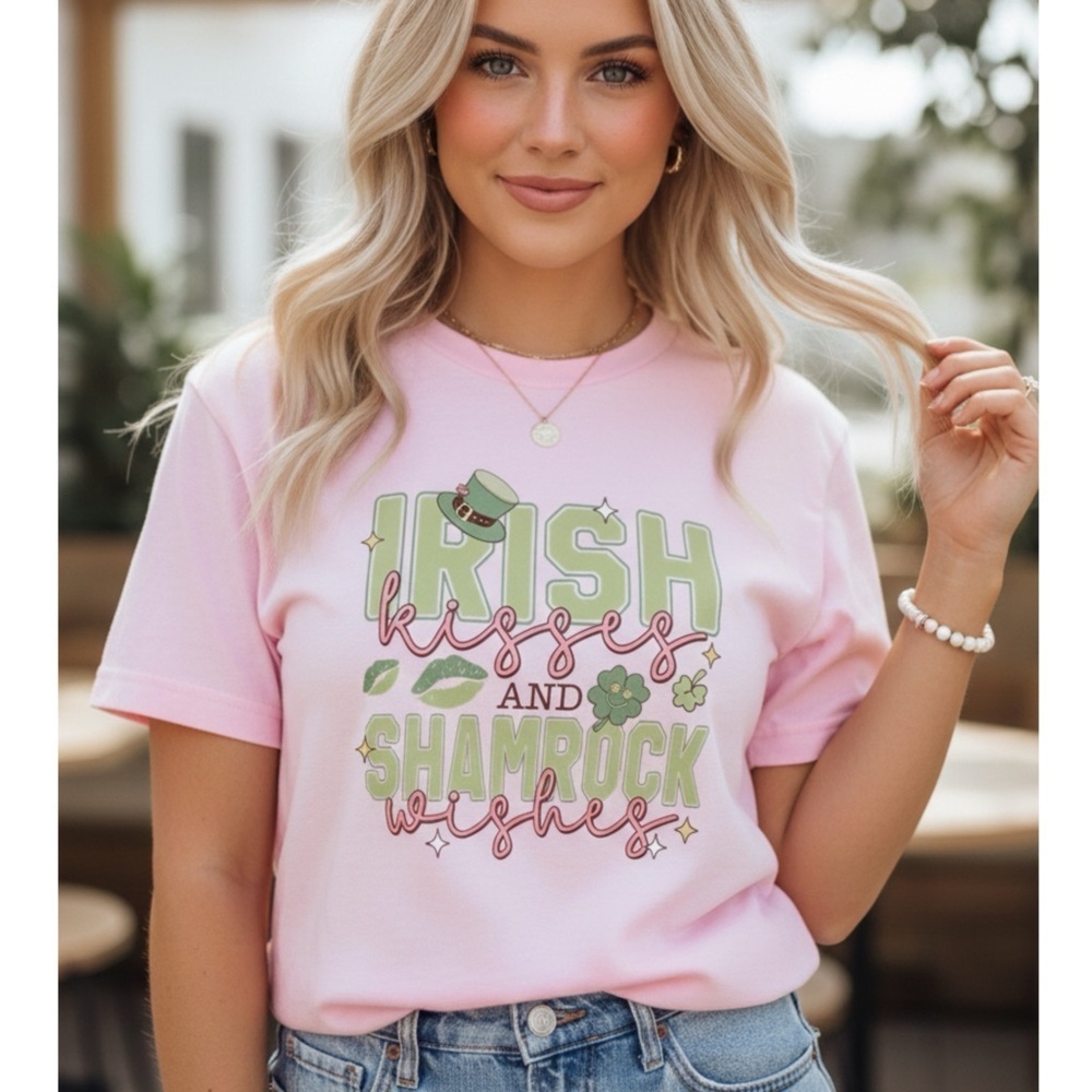 Irish Kisses & Shamrock Wishes Graphic Tee St Pattys Pink American Apparel Sz S